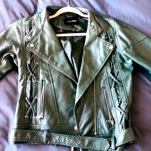 Faux green leather jacket with zipper detailing
